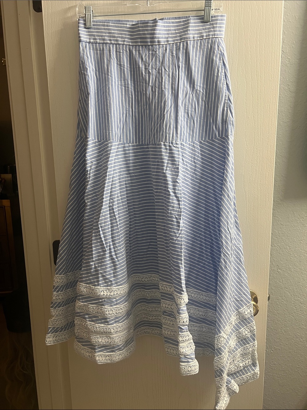 Striped Blue & White Lace-Trim High-Low Skirt